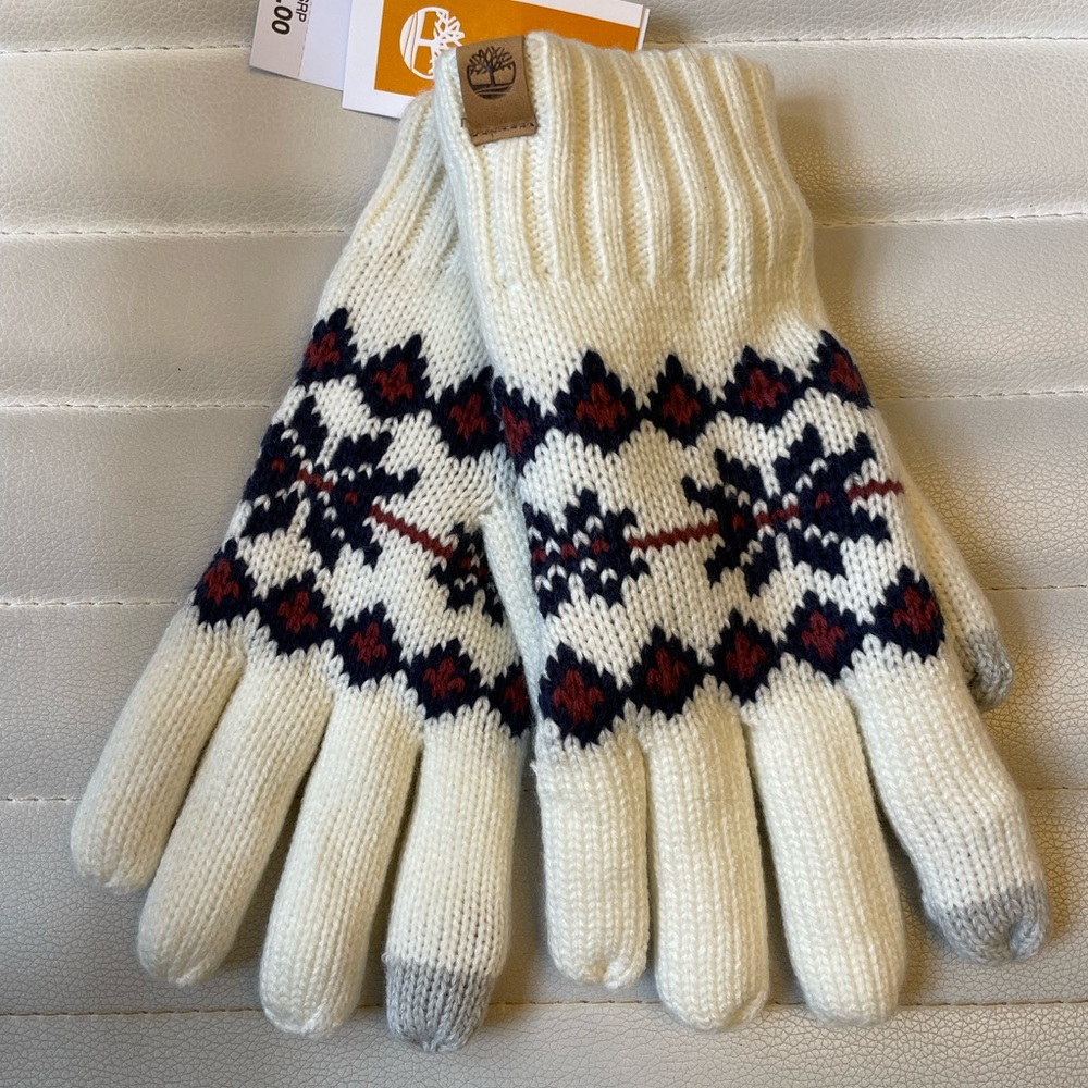 Timberland Fair Isle Knit Gloves Fleece Lined Off White Blue Comfort Tech NWT
